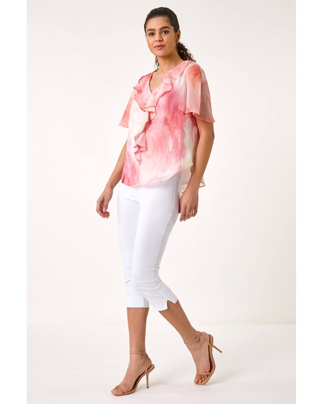 Roman Pink Floral Ruffle Front Top