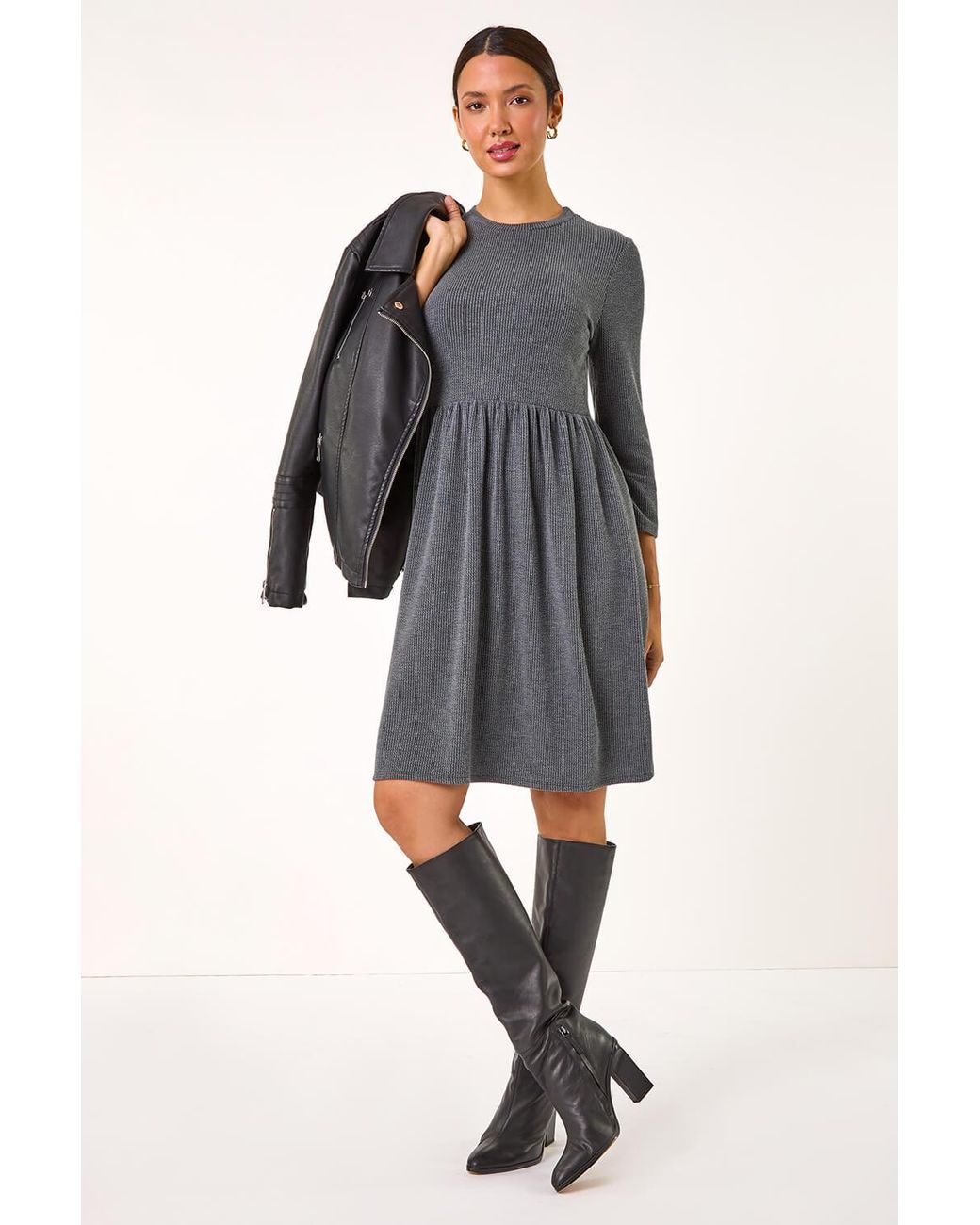 Roman Gray Ribbed Gathered Waist Stretch Dress