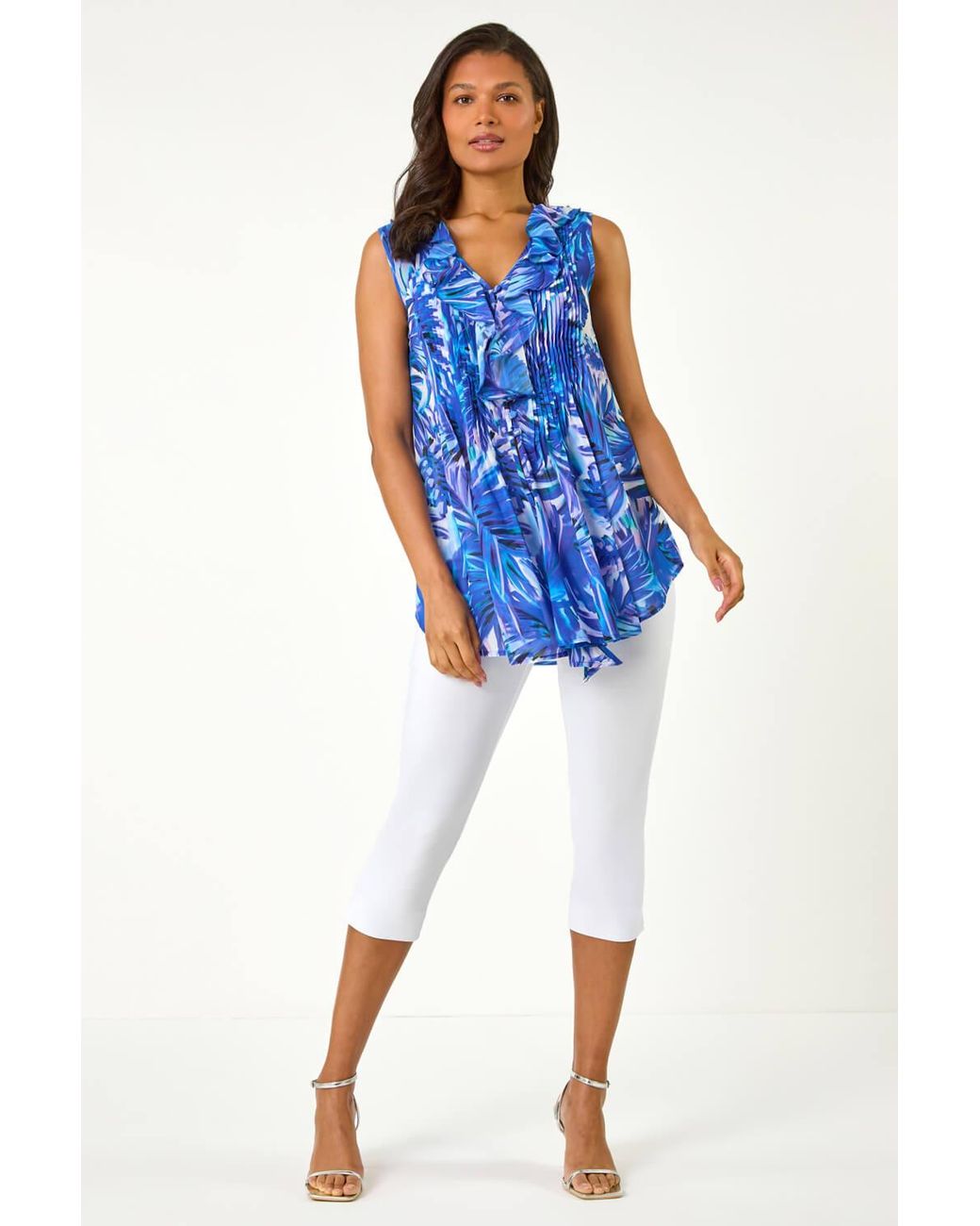 Roman Blue Leaf Print Ruffle Front Buttoned Blouse