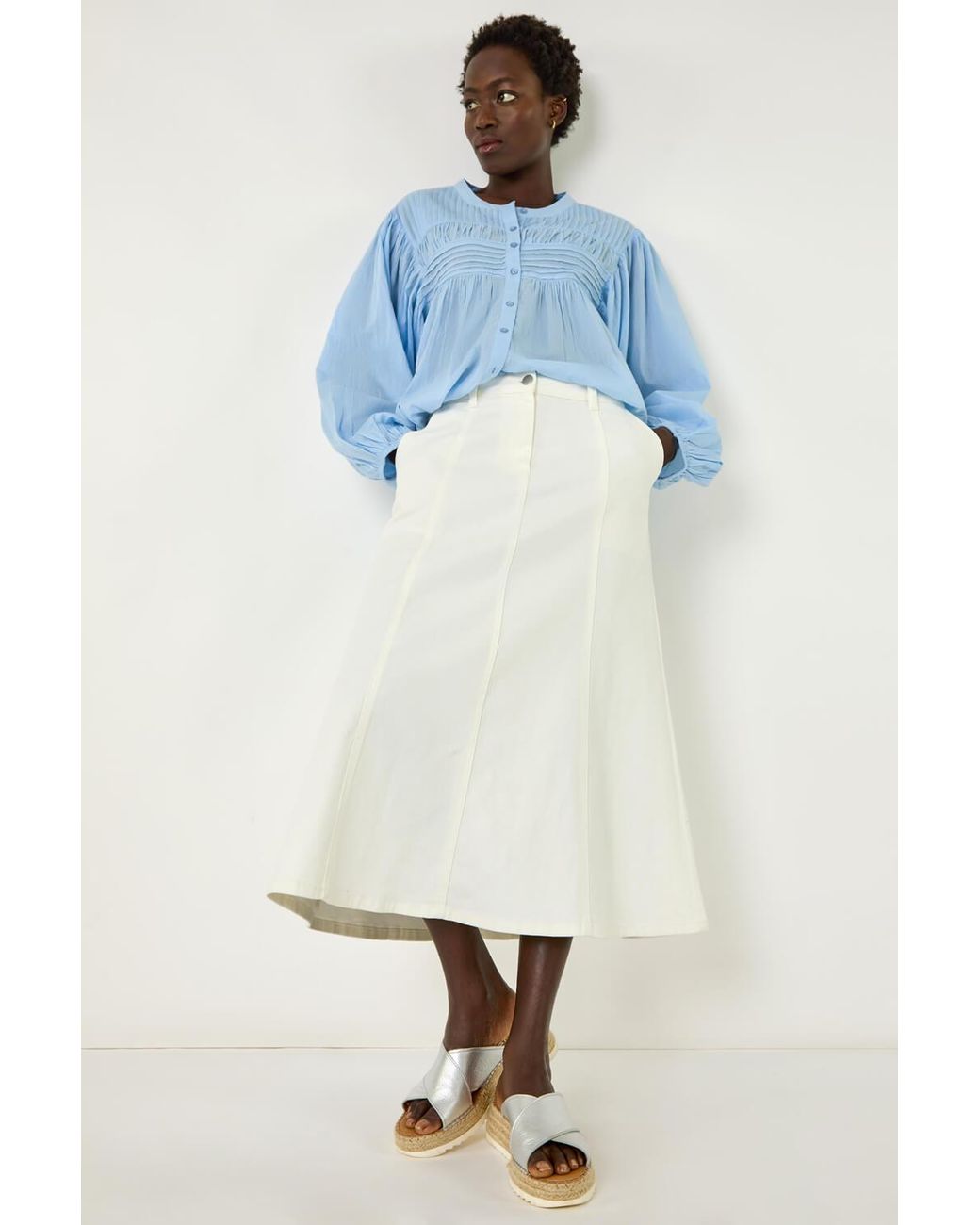 Roman Blue Cotton Denim Panelled Midi Skirt