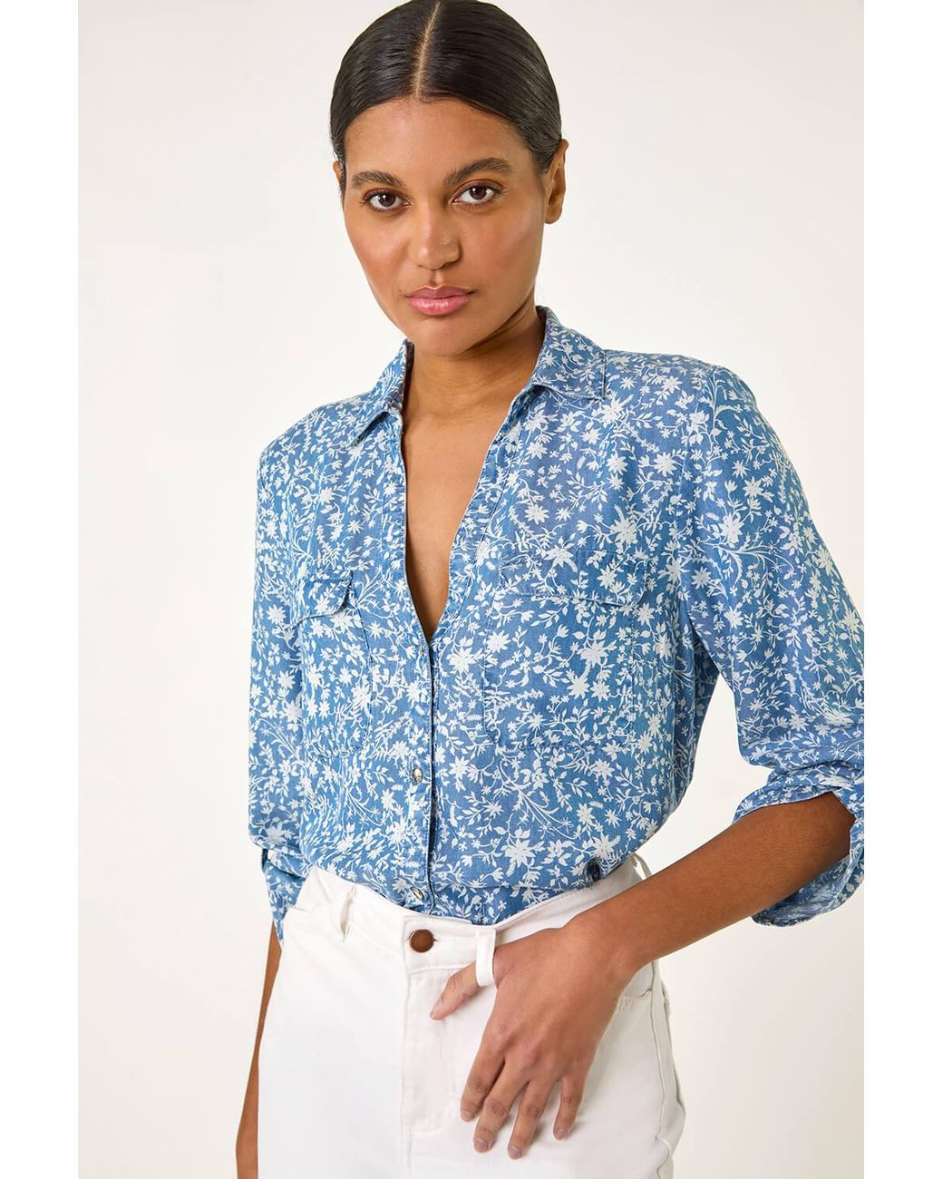 Roman Blue Floral Print Button Through Shirt