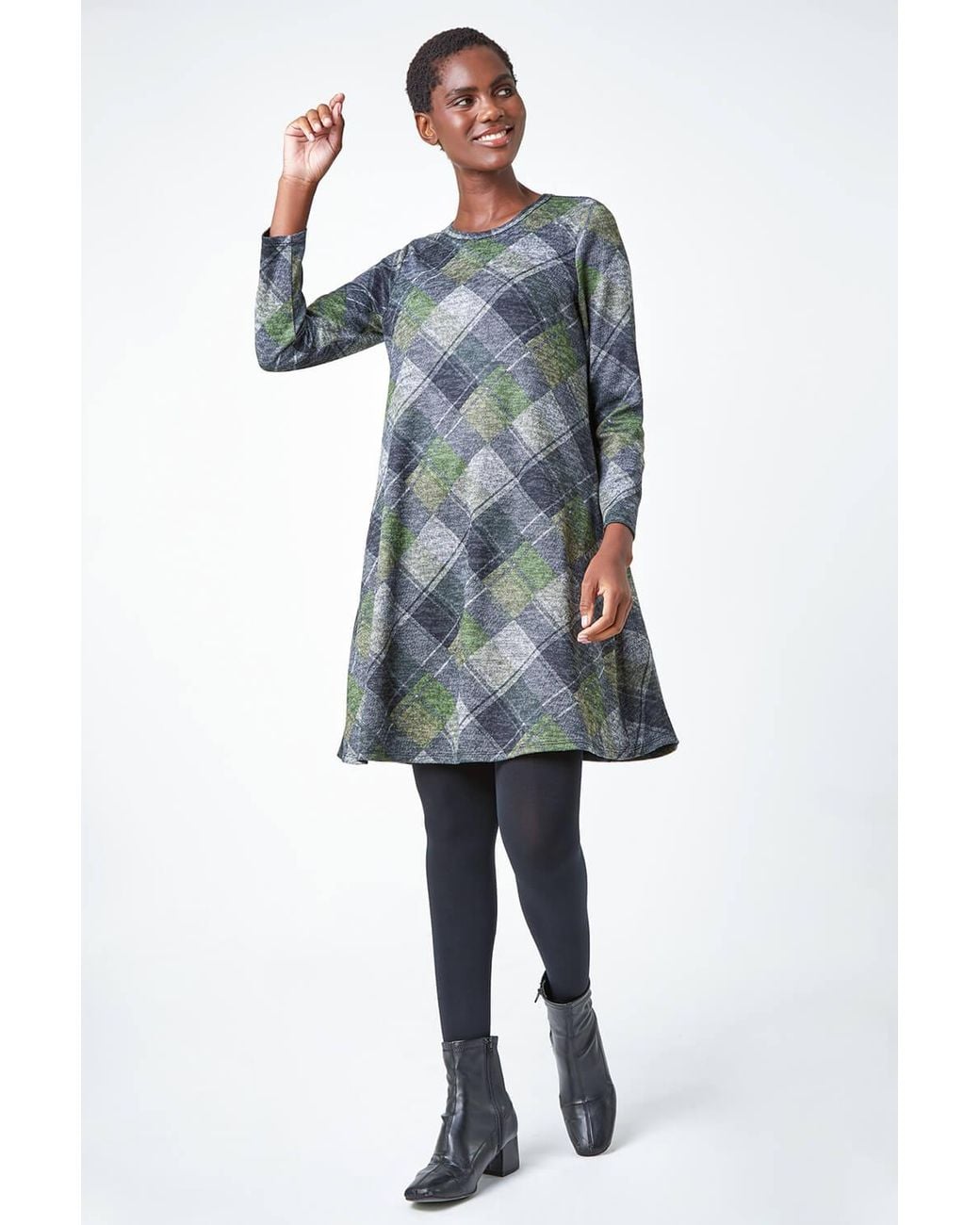 Roman Blue Check Print Swing Stretch Dress