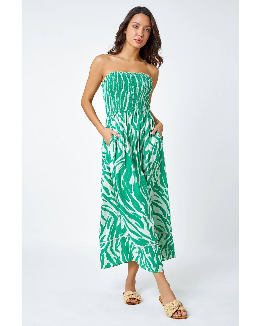 Roman Green Animal Shirred Stretch Maxi Dress