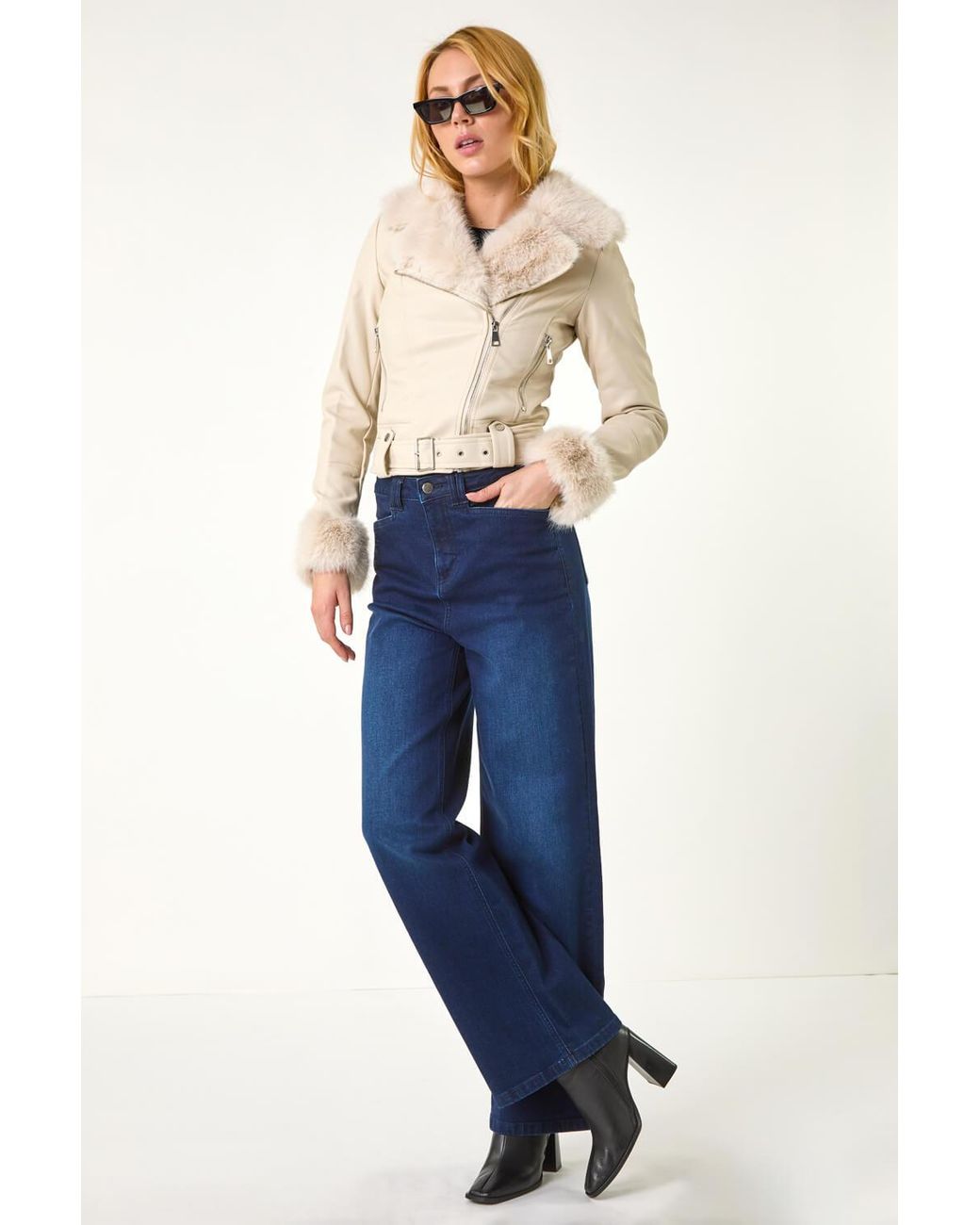 D.u.s.k Natural Faux Fur Pu Biker Jacket