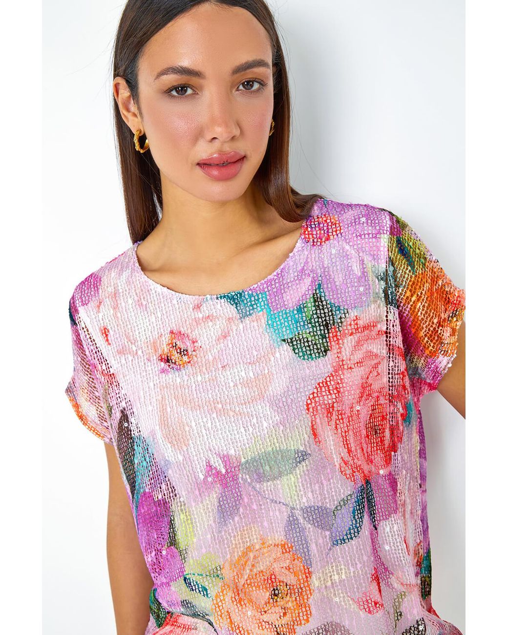 Roman Red Mesh Overlay Floral Print T-Shirt