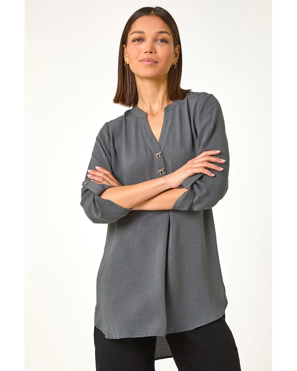 Roman Gray Longline Bow Button Woven Top