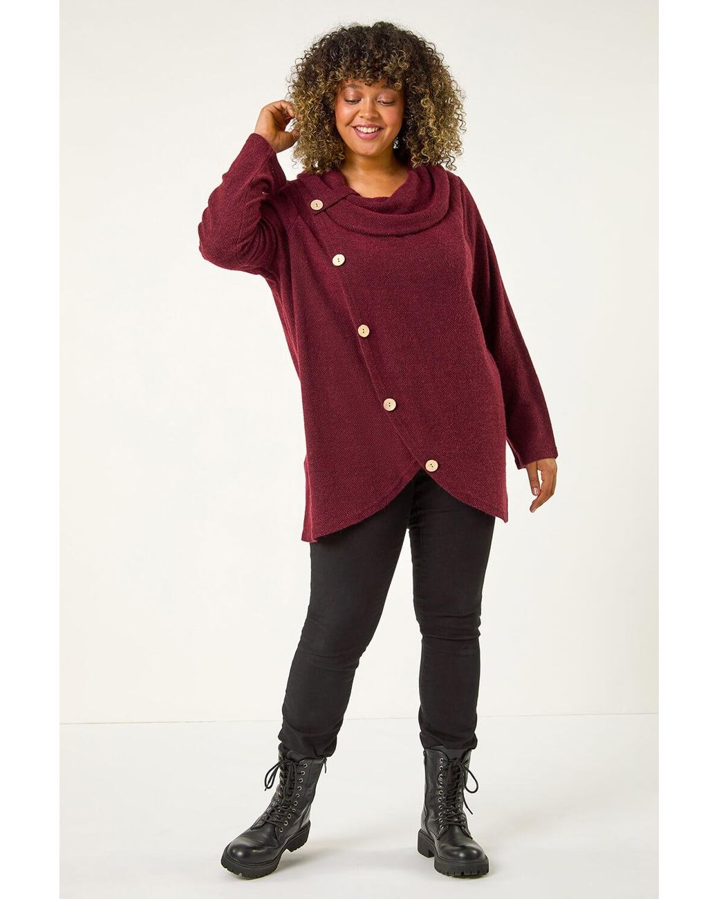Roman Curve Red Cowl Neck Button Wrap Top
