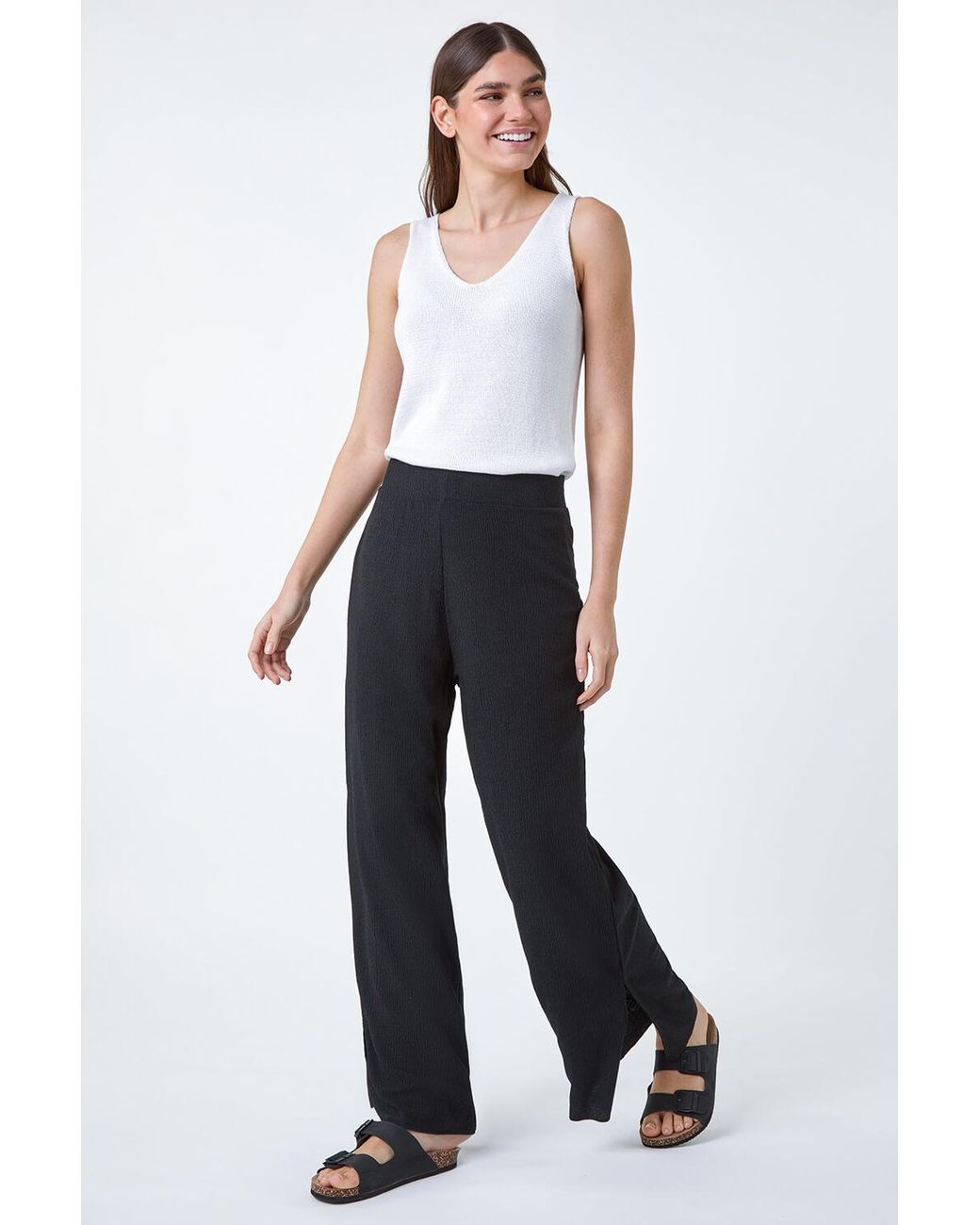 Roman Black Crinkle Side Split Elastic Waist Trousers