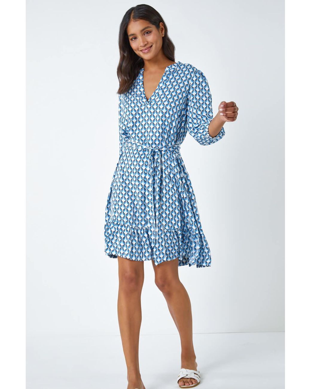 Roman Blue Geometric Print Frill Hem Dress