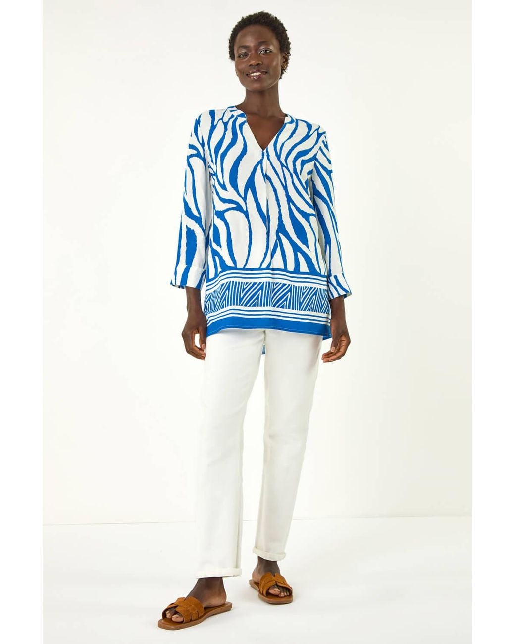 Roman Blue Abstract Print Border Pleat Top