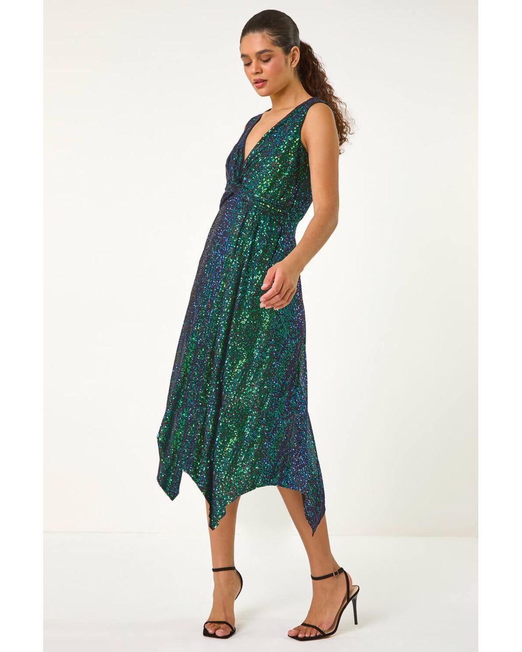 Roman Green Sequin Wrap Twist Front Midi Dress