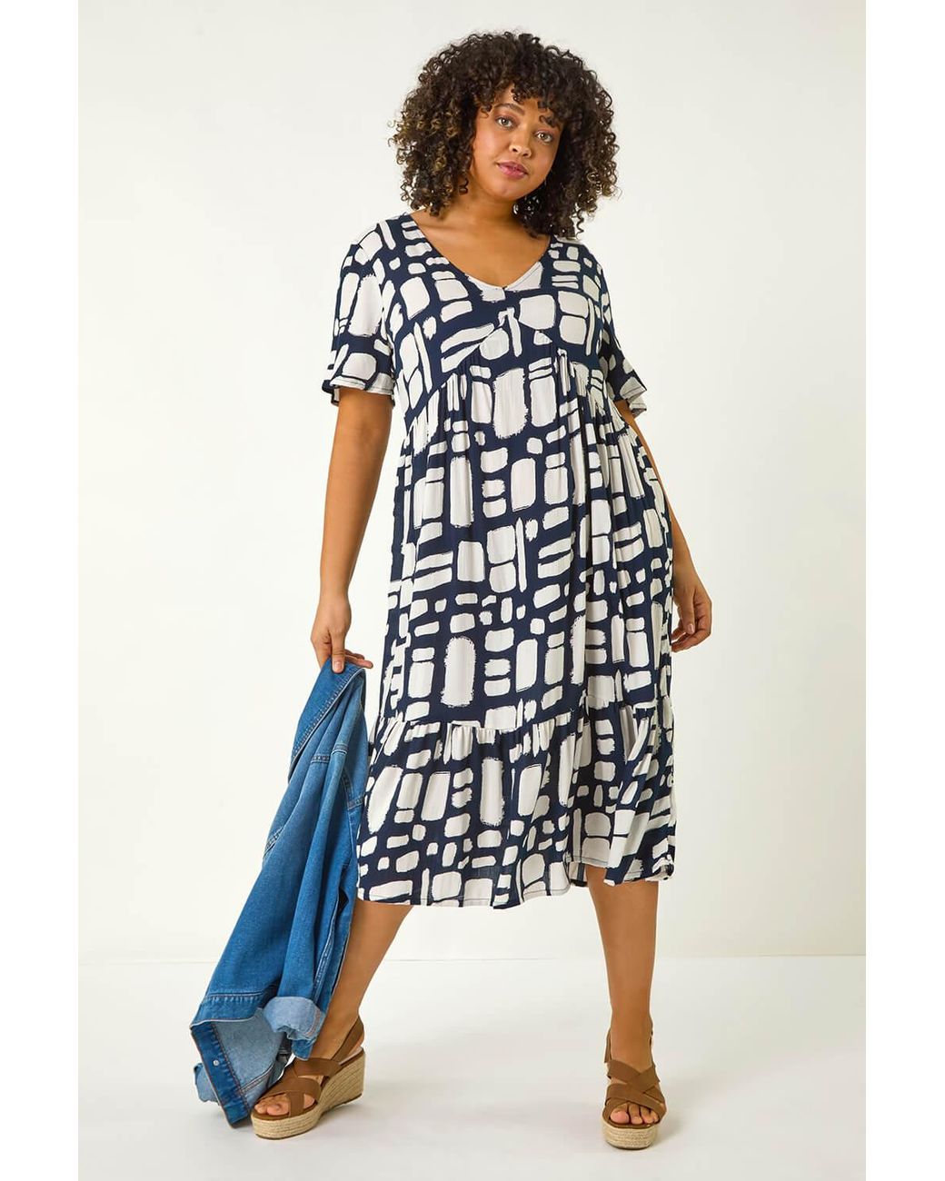 Roman Curve White Print Tiered V-Neck Dress