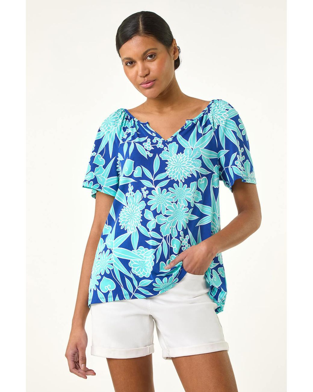 Roman Blue Textured Print Notch Neck Top