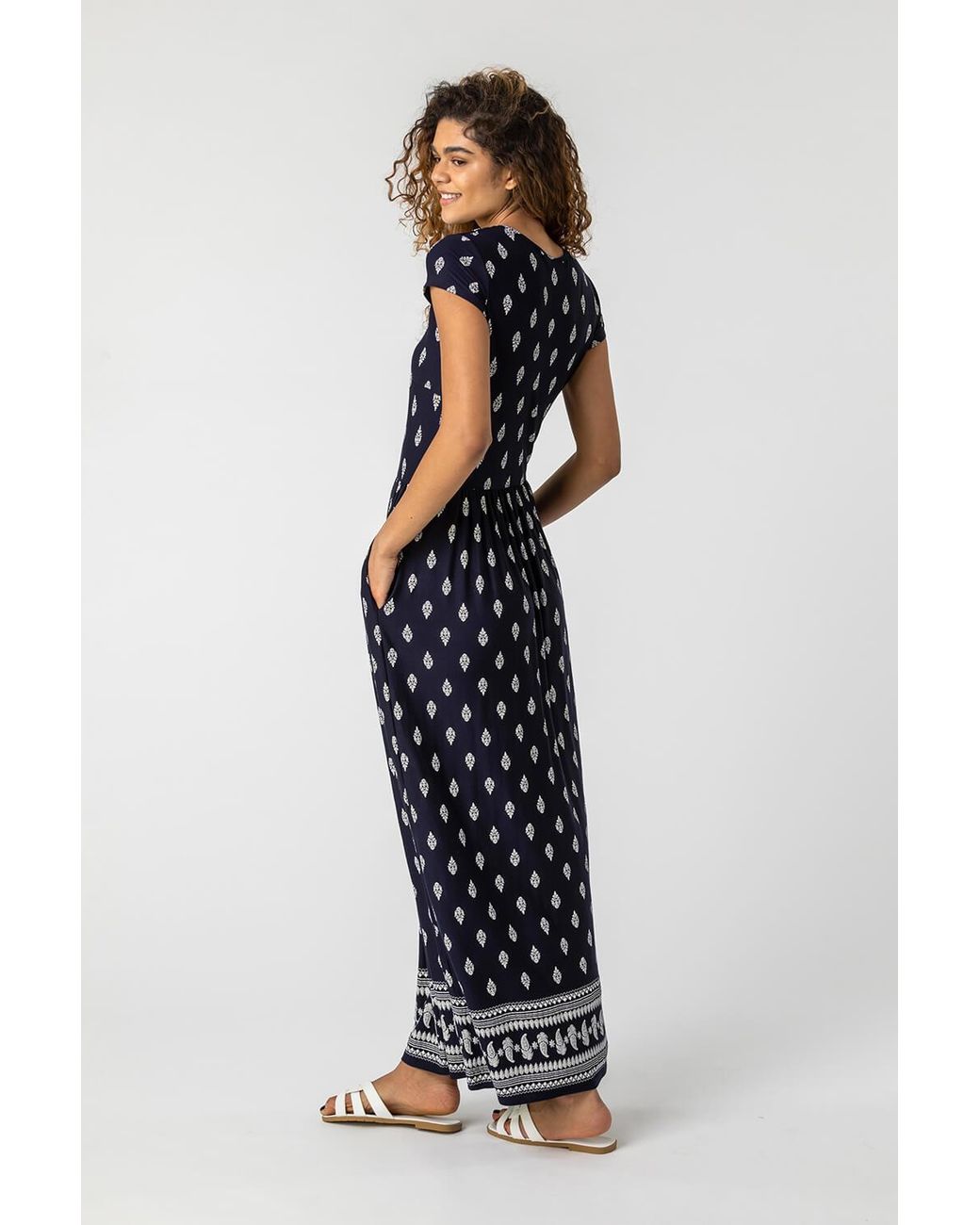 Roman Blue Paisley Border Print Stretch Maxi Dress