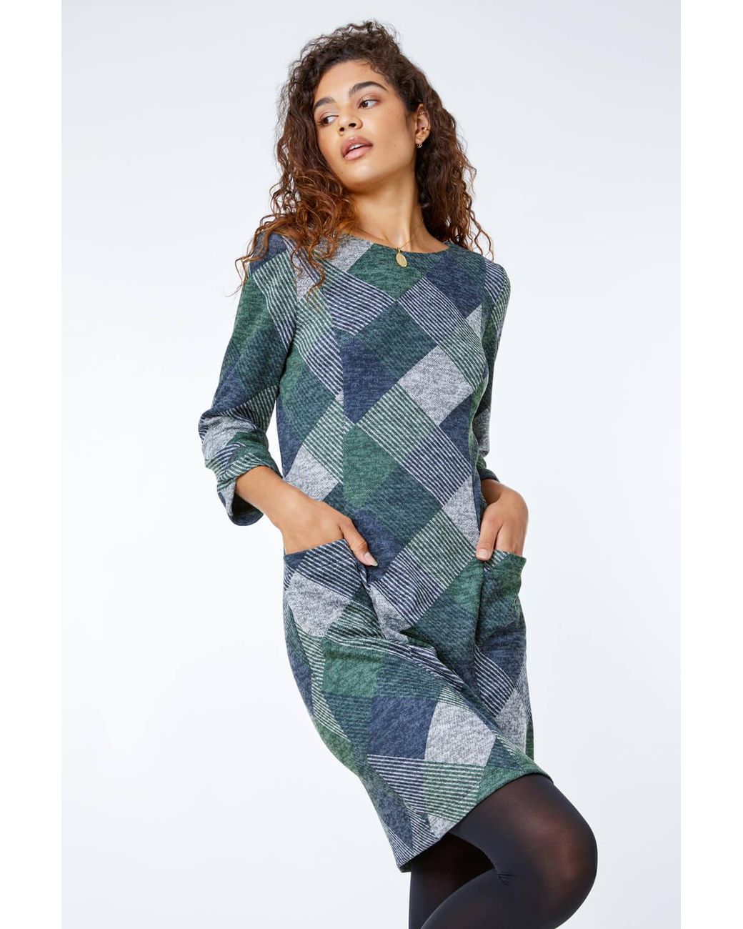 Roman Blue Check Print Pocket Shift Dress
