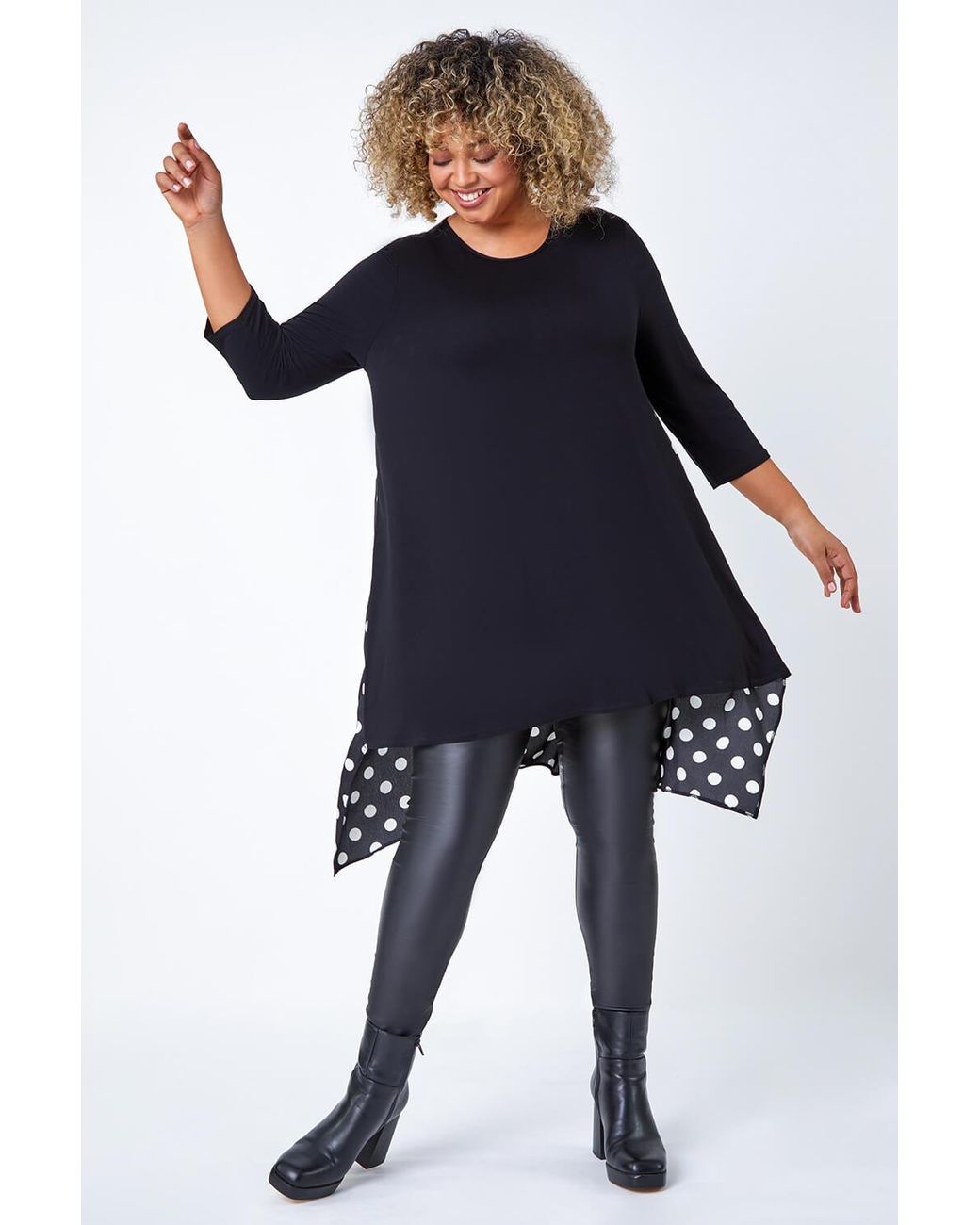 Roman Curve Black Polka Dot Chiffon Stretch Top