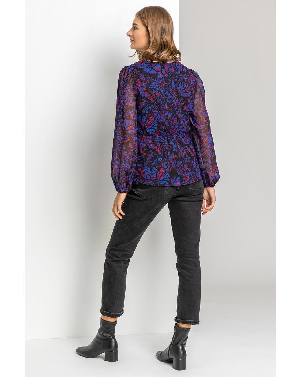 Roman Blue Abstract Butterfly Print Frill Detail Blouse