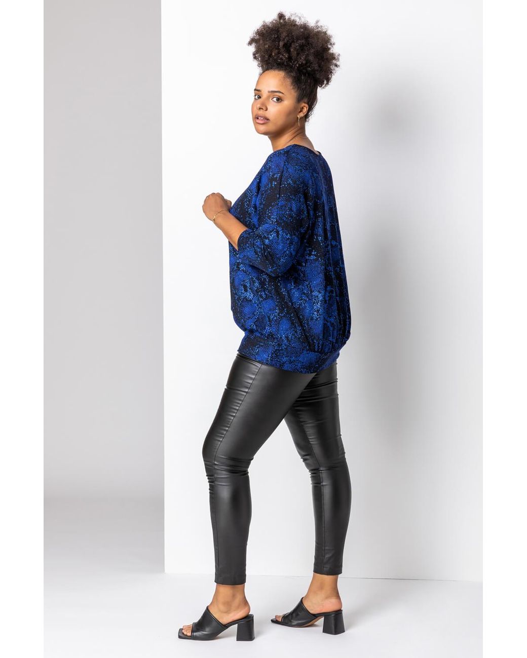 Roman Curve Blue Batwing Sparkle Snake Print Top