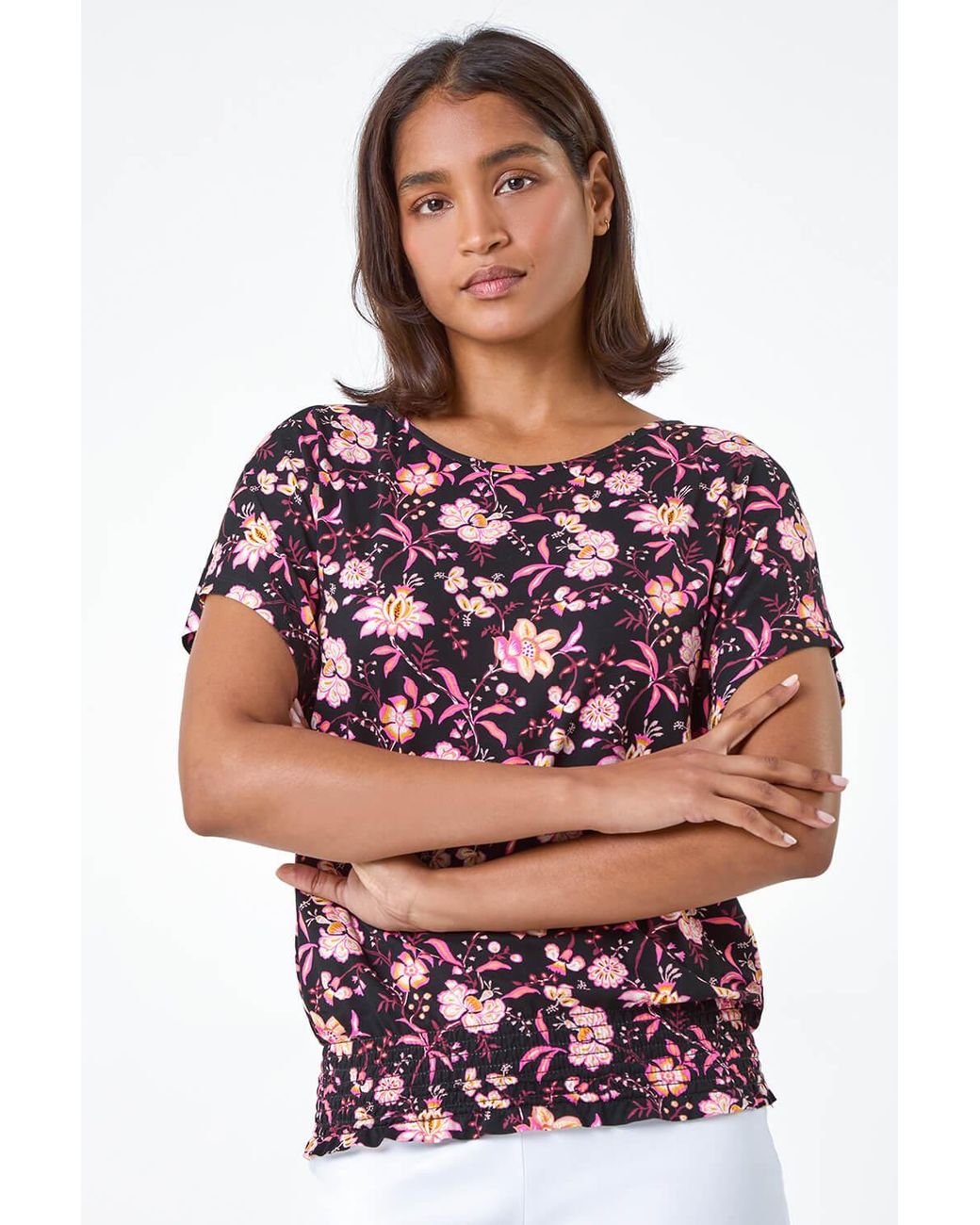Roman Floral Shirred Stretch Waist T-Shirt