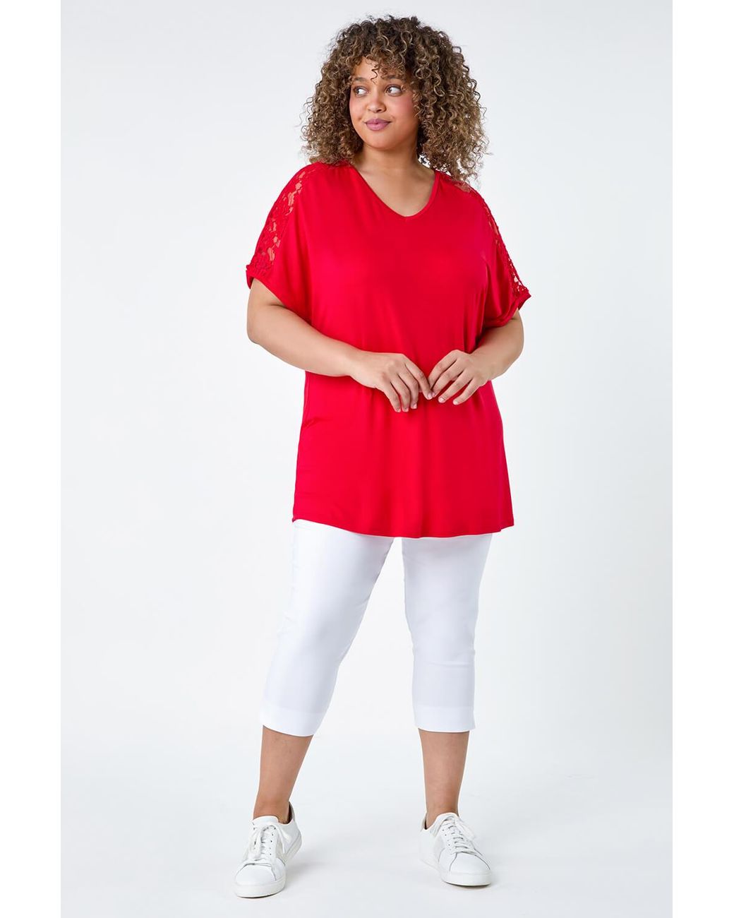 Roman Curve Red Lace Shoulder Stretch Jersey T-Shirt