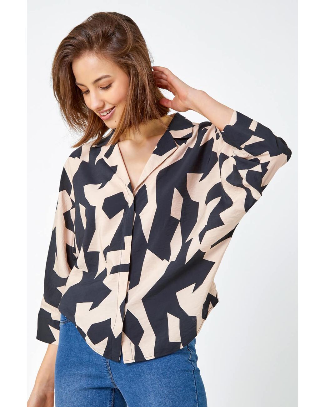 Roman Blue Abstract Print Collared Blouse