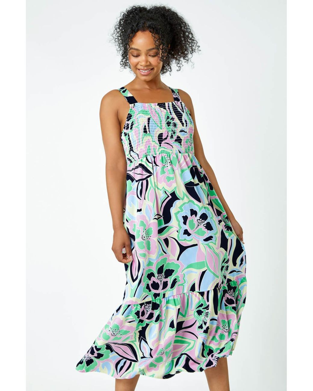 Roman Petite Blue Floral Stretch Shirred Midi Dress