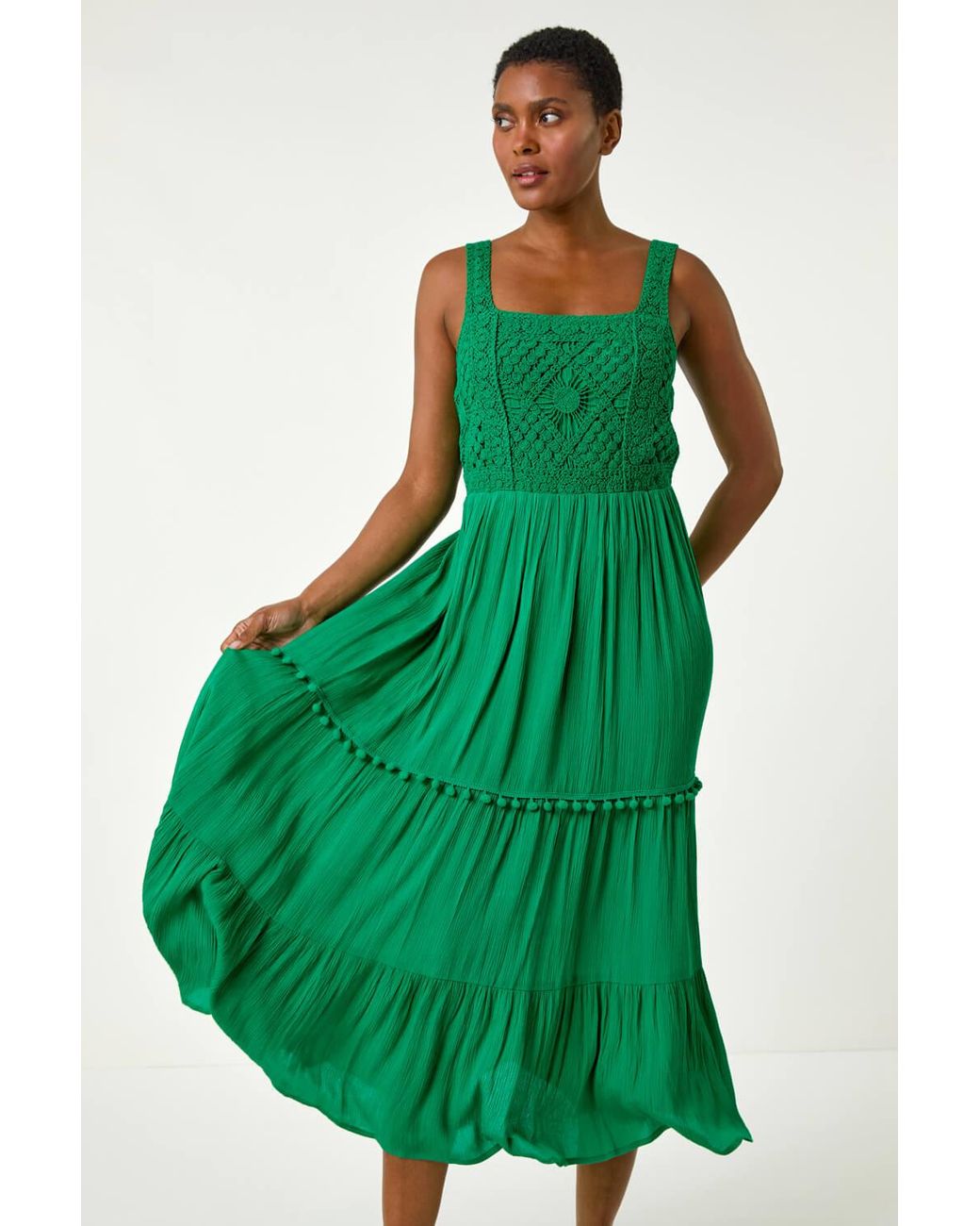 Roman Green Crochet Detail Cotton Blend Maxi Dress