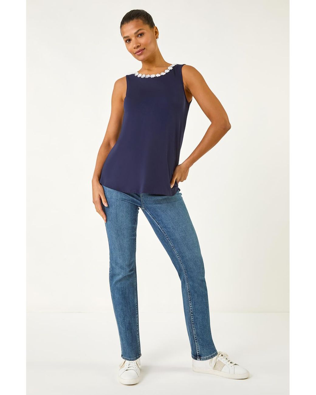 Roman Blue Daisy Neck Trim Vest Top