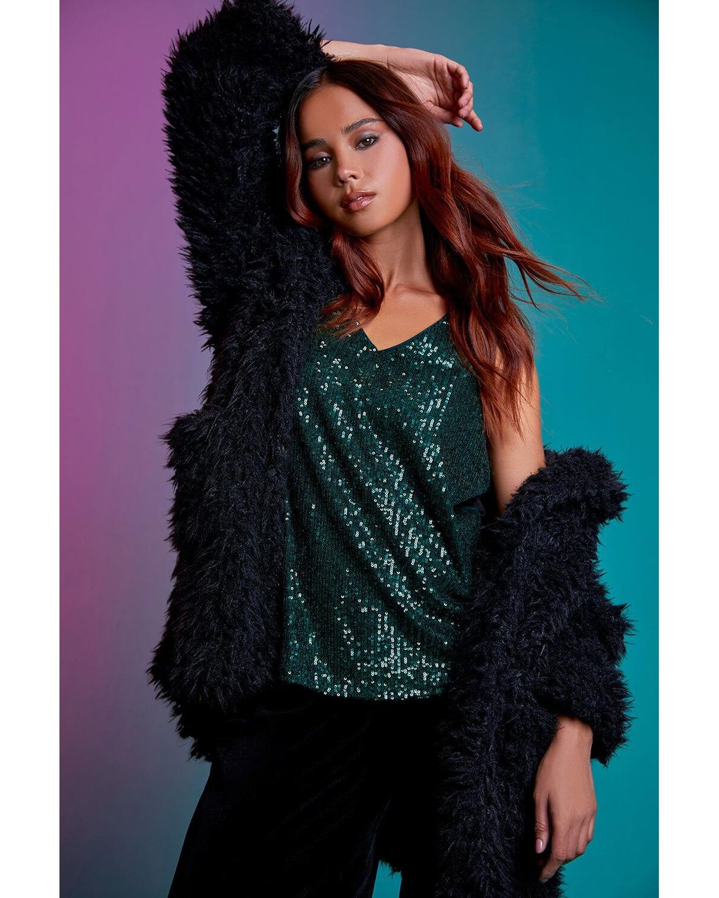 Roman Petite Green Sequin Sparkle V-Neck Vest Top