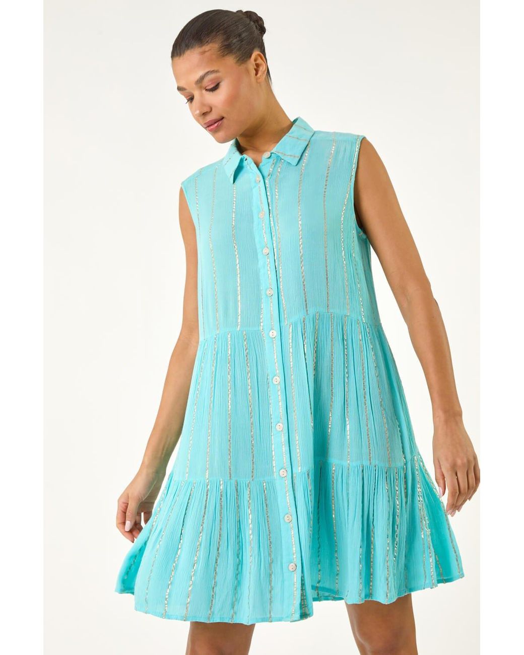 Roman Blue Shimmer Buttoned Shirt Dress