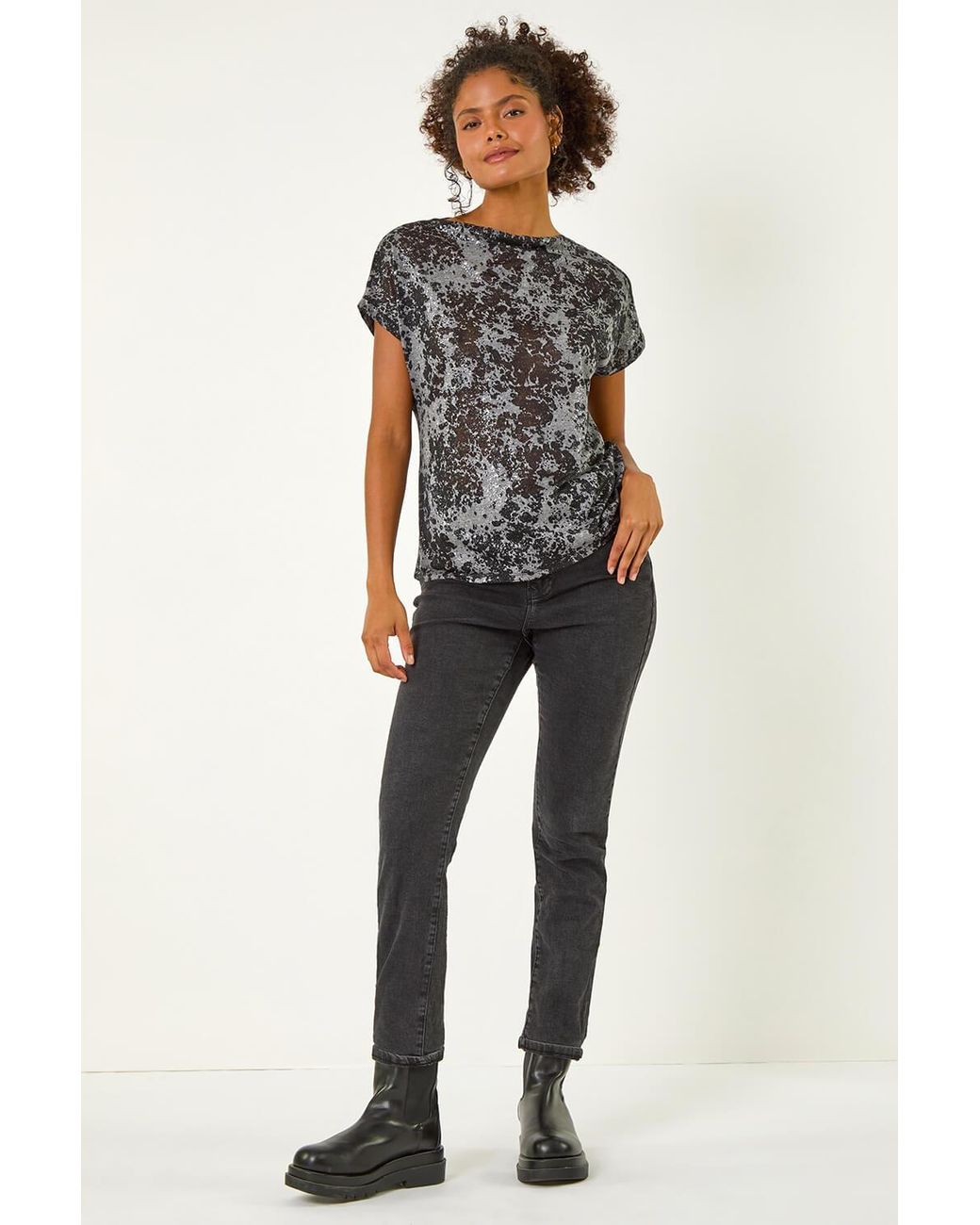 D.u.s.k Gray Marble Print Round Neck Stretch Top