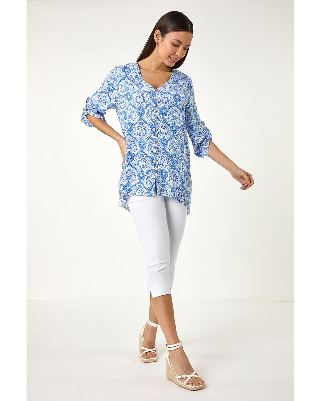 Roman Blue Floral Printed Button Detail Top