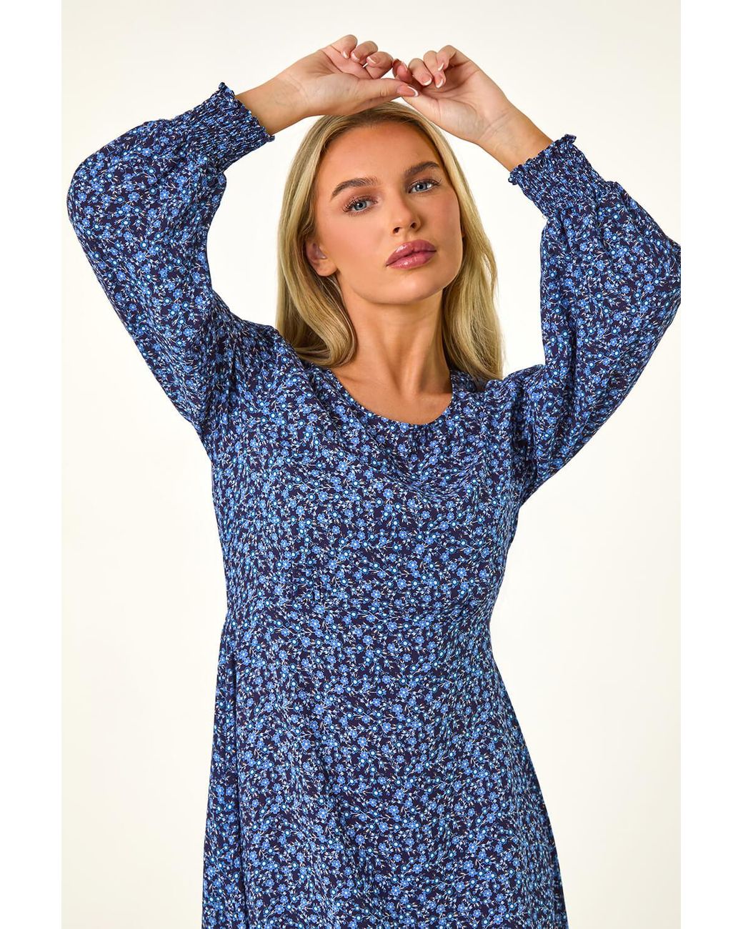 Roman Petite Blue Print Shirred Cuff Midi Dress