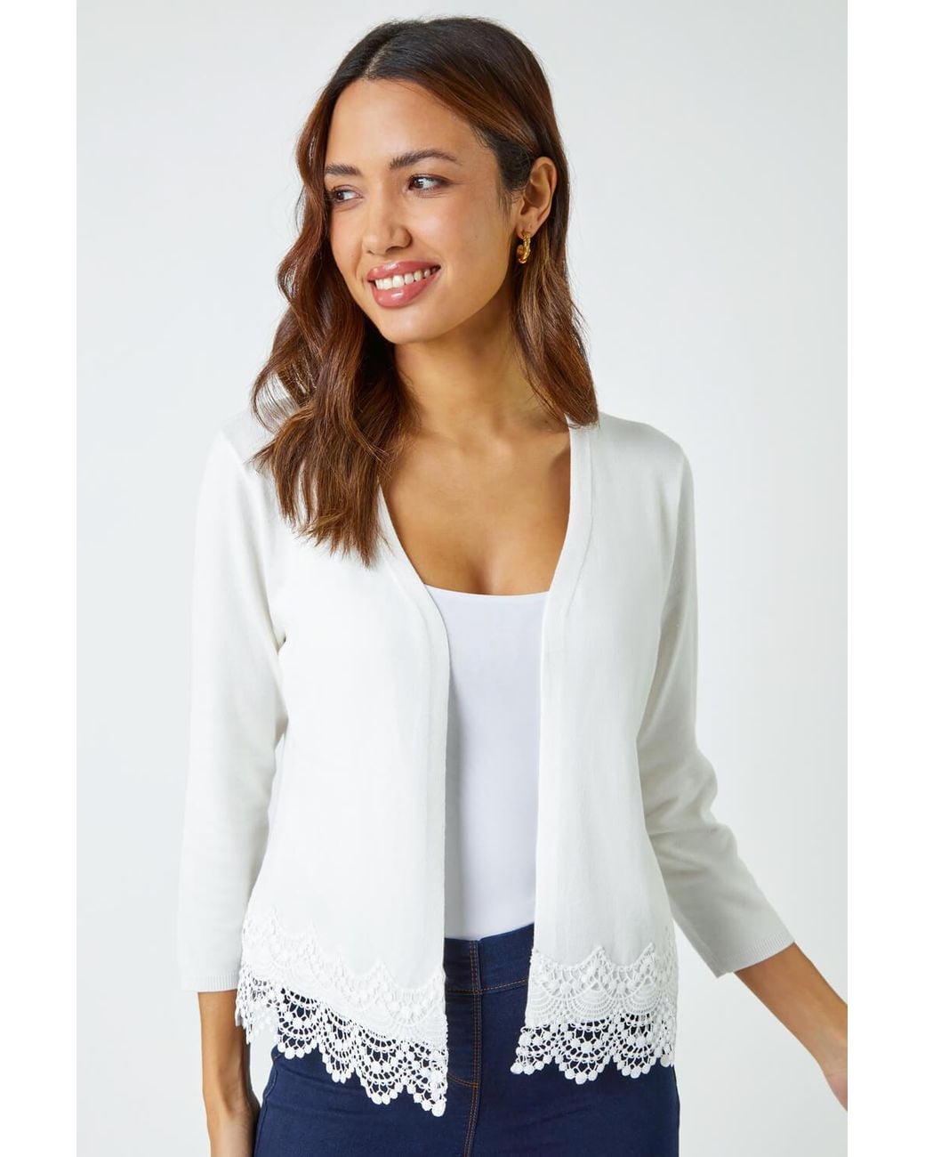 Roman White Scalloped Lace Trim Knitted Shrug