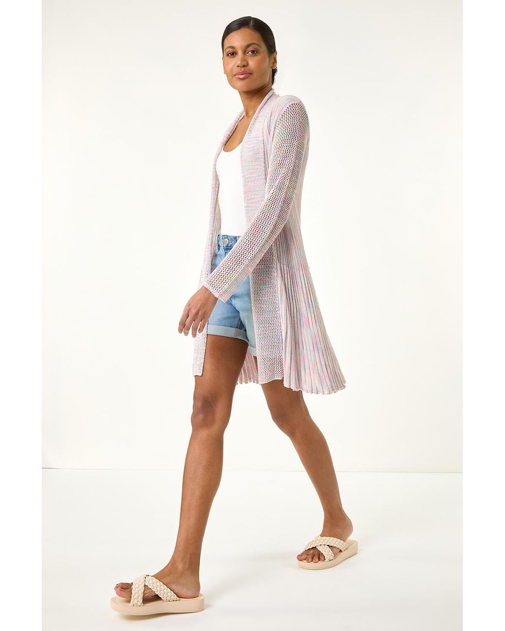 Roman Multicolor Pointelle Longline Cardigan