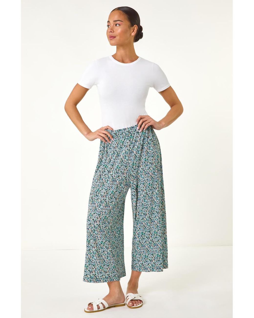 Roman Petite Blue Ditsy Crinkle Cropped Trouser