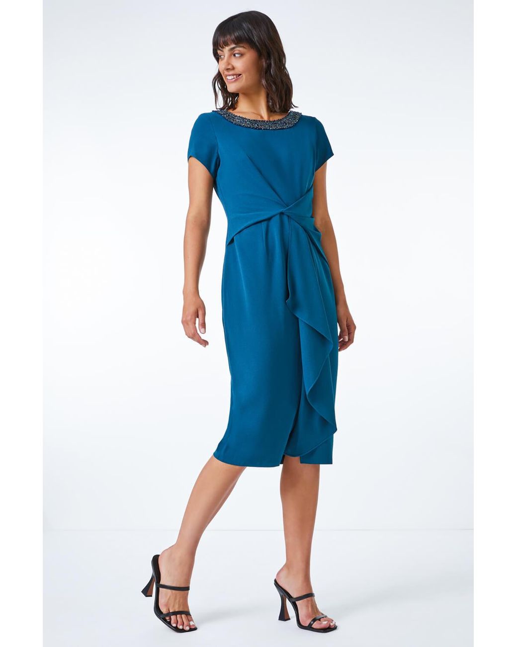 Roman Blue Embellished Twist Waist Stretch Ruched Dress