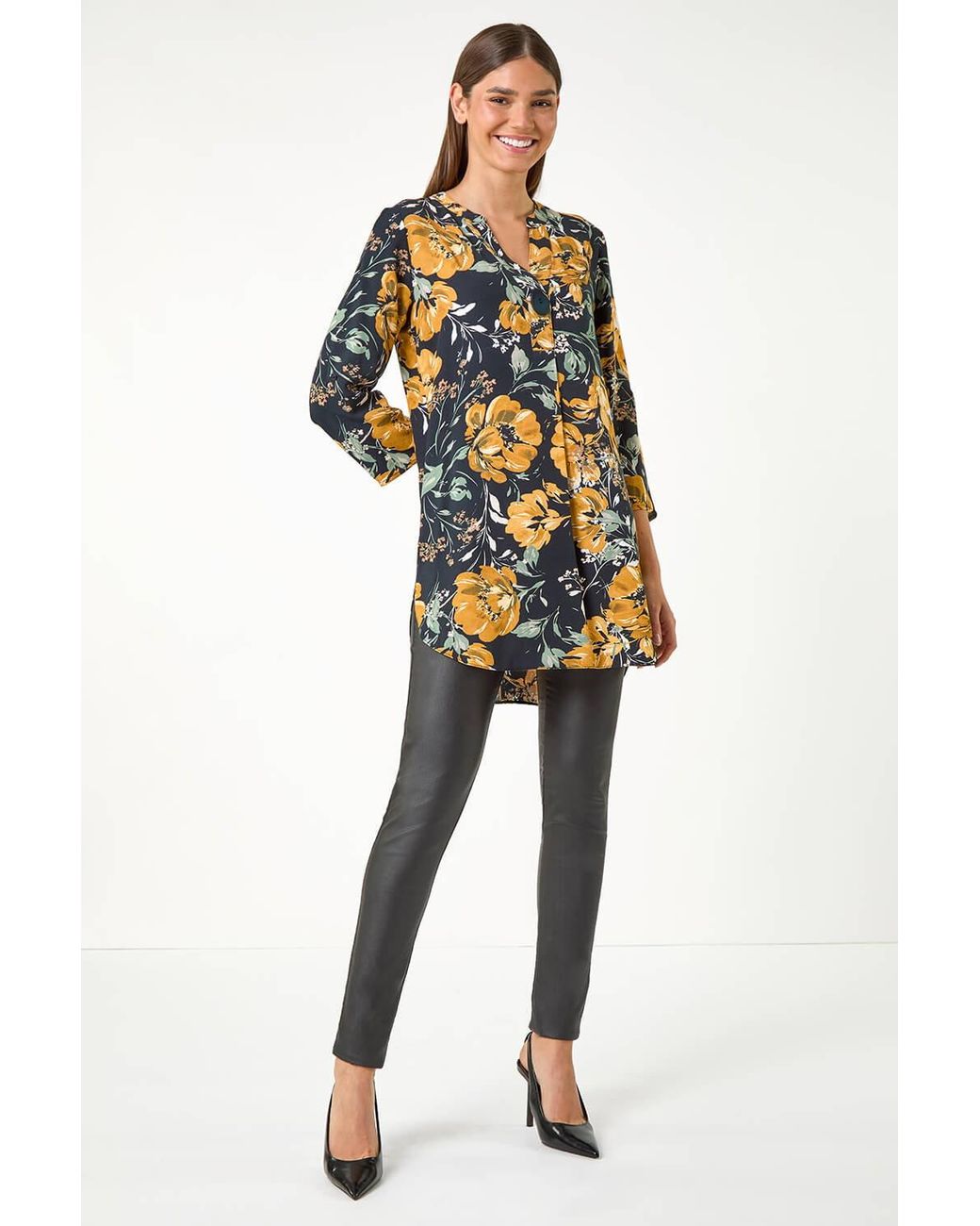 Roman Multicolor Floral Print Tunic Button Top