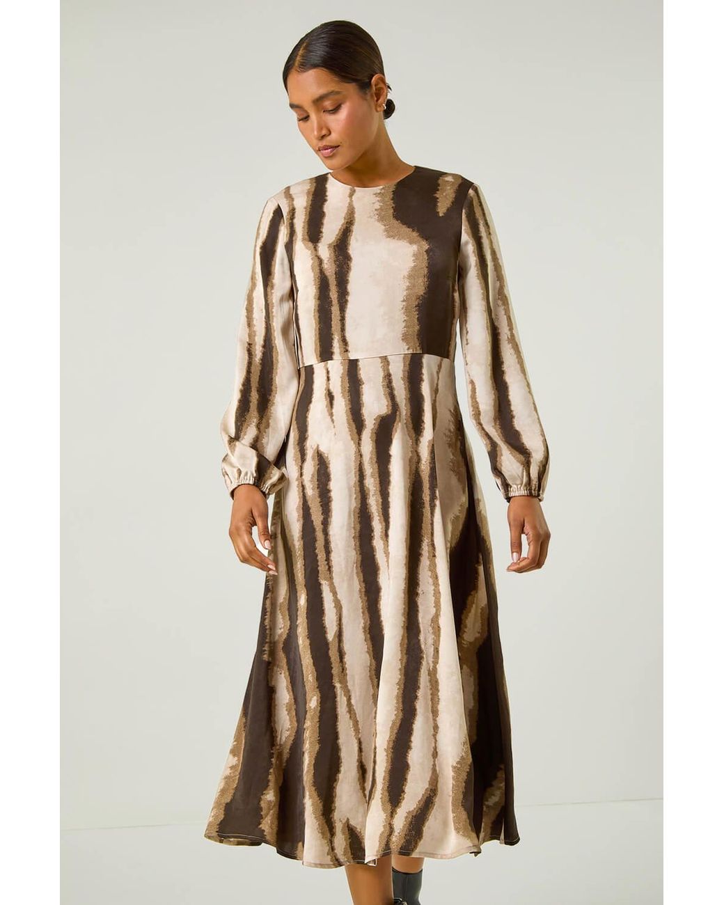 Roman Natural Shadow Stripe Print Midi Dress