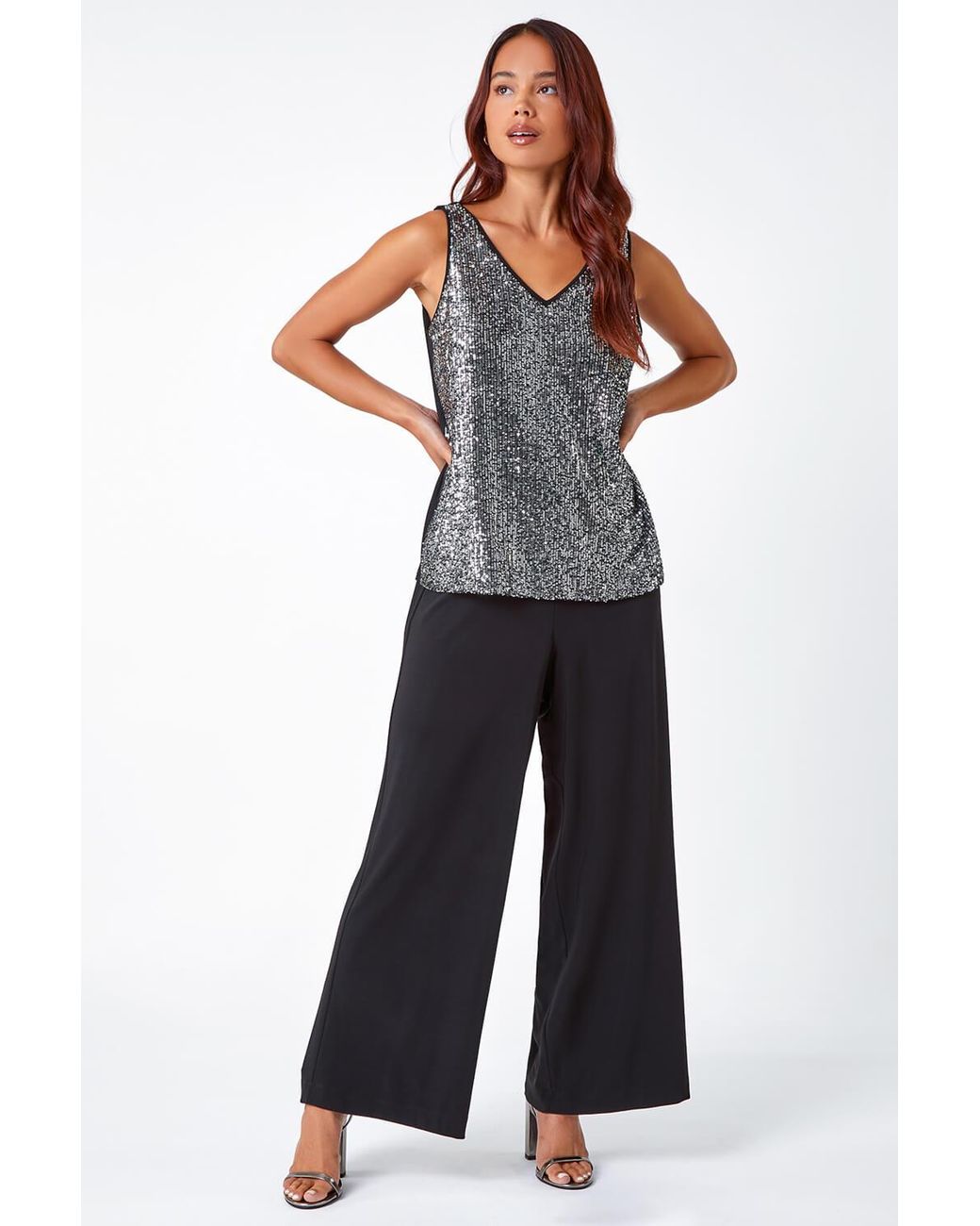 Roman Petite Metallic Sequin Stretch Vest Top