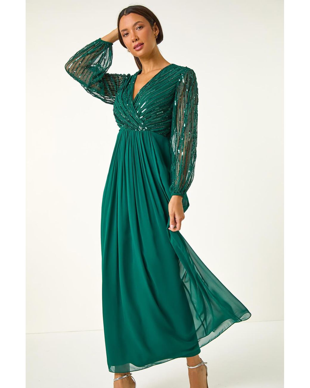 Roman Green Sparkle Bead Embellished Maxi Dress