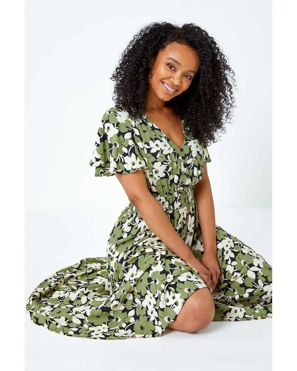 Roman Petite Green Floral Print Shirred Midi Dress