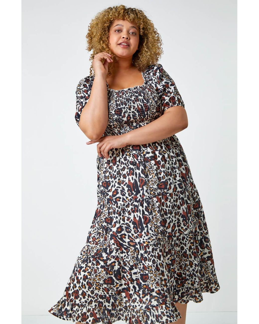 Roman Curve White Leopard Print Shirred Tiered Midi Dress