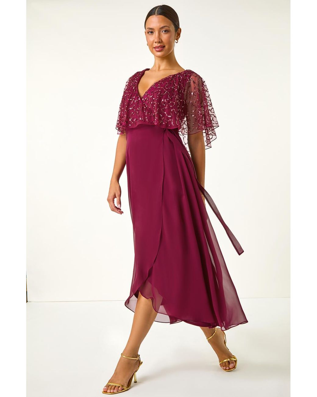 Roman Red Sequin Embellished Maxi Wrap Dress