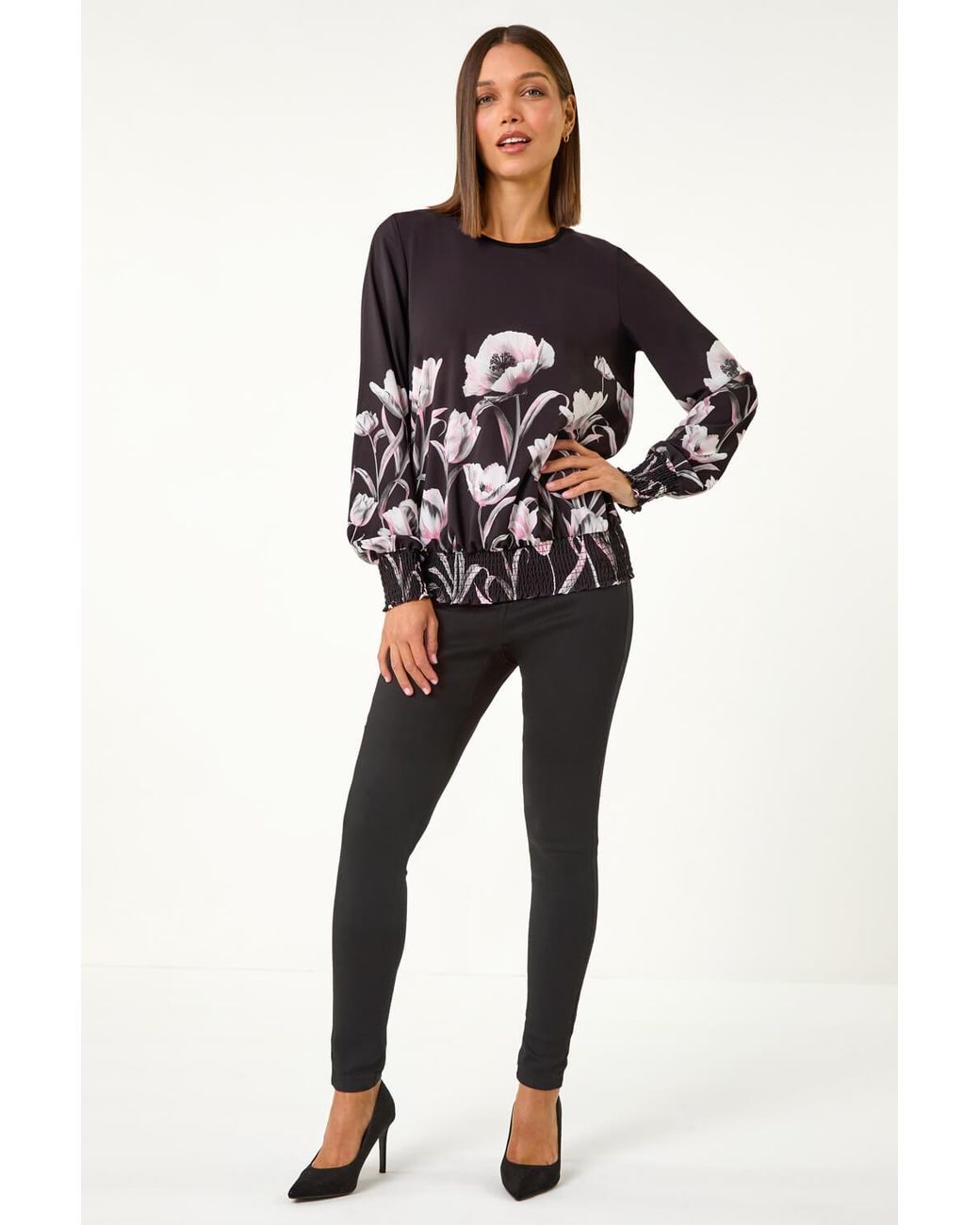Roman Black Floral Print Shirred Hem Top
