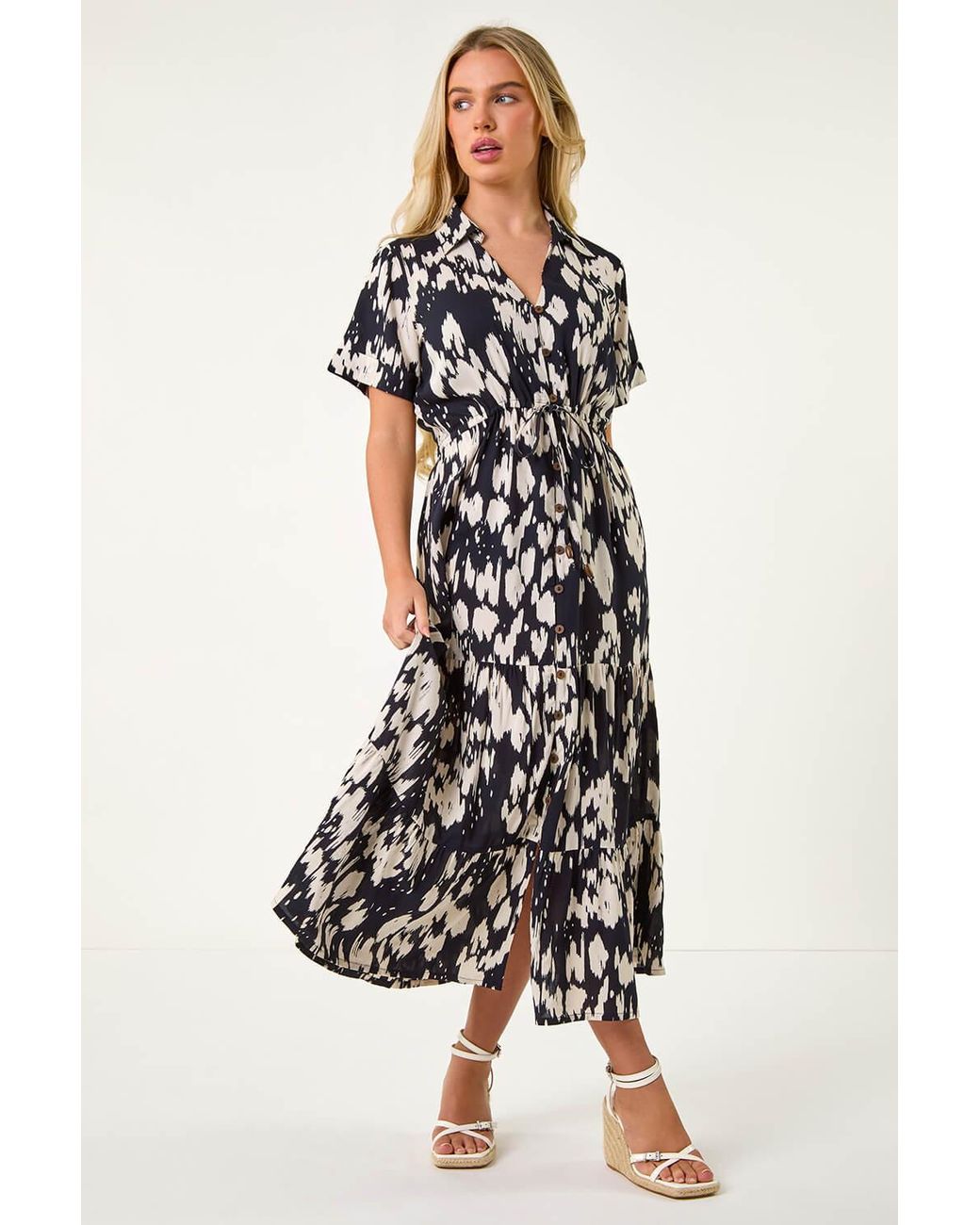 Roman Petite White V-Neck Button Down Midi Dress