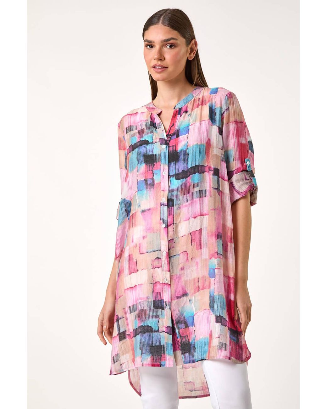 Roman Pink Abstract Print Longline Blouse