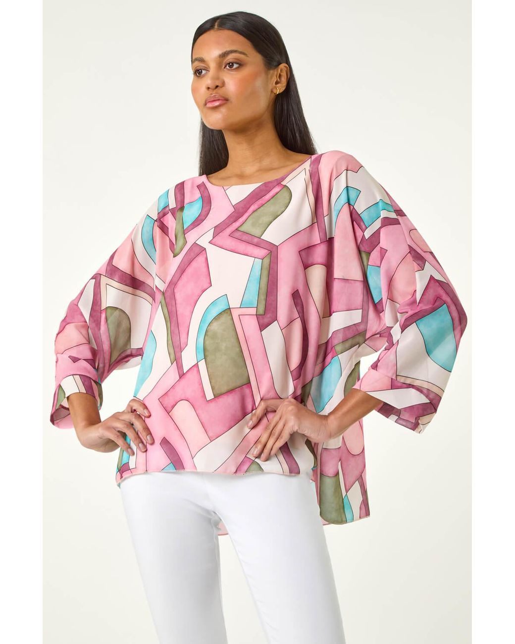 Roman Red Abstract Print Overlay Tunic Top