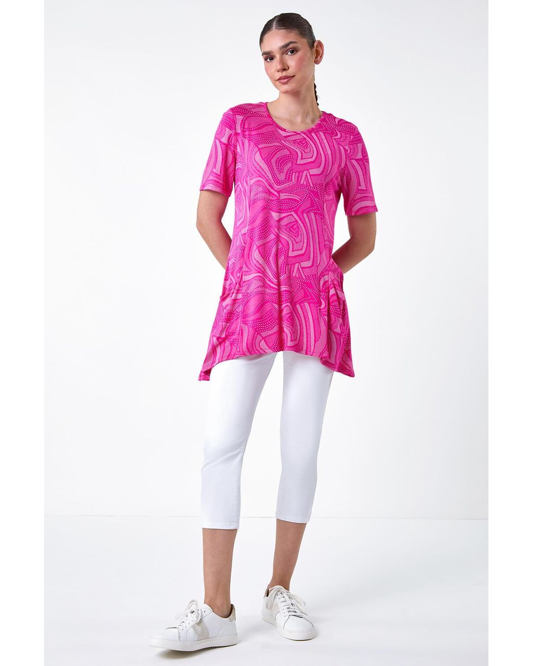 Roman Pink Abstract Spot Pocket Stretch Tunic Top