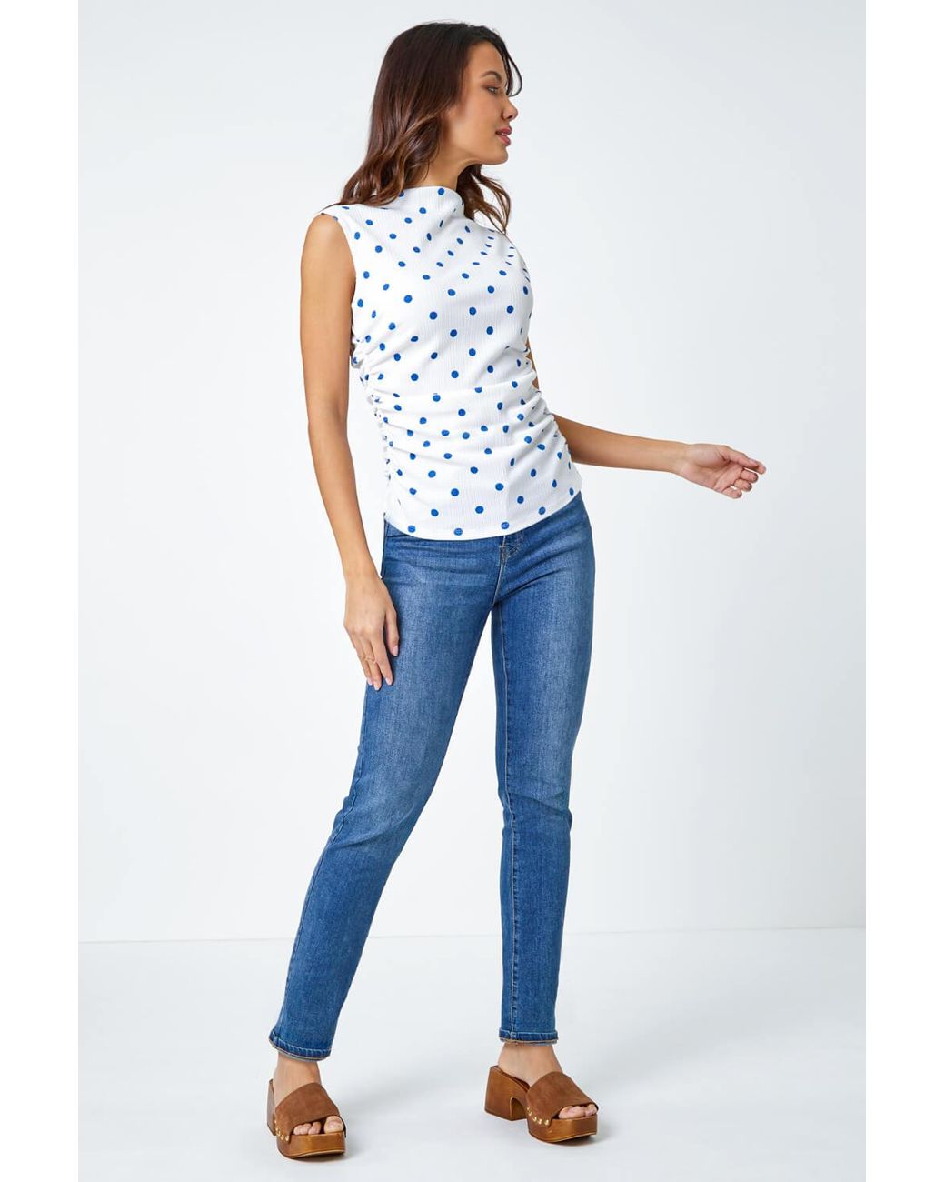 Roman White Polka Dot Ruched Stretch Top